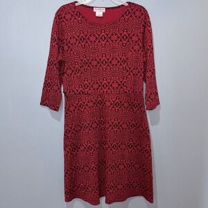 NorthStyle Red Black Geometric Knit Dress XL 3/4 Sleeve A-Line Crew Neck